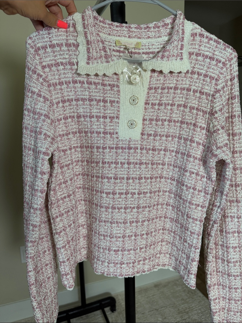 NWOT easel Cream and Pink Textured Polo Sweater